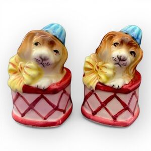 Vintage PY Puppy Dogs In Heart Shaped Boxes Salt & Pepper Shakers Mid Century